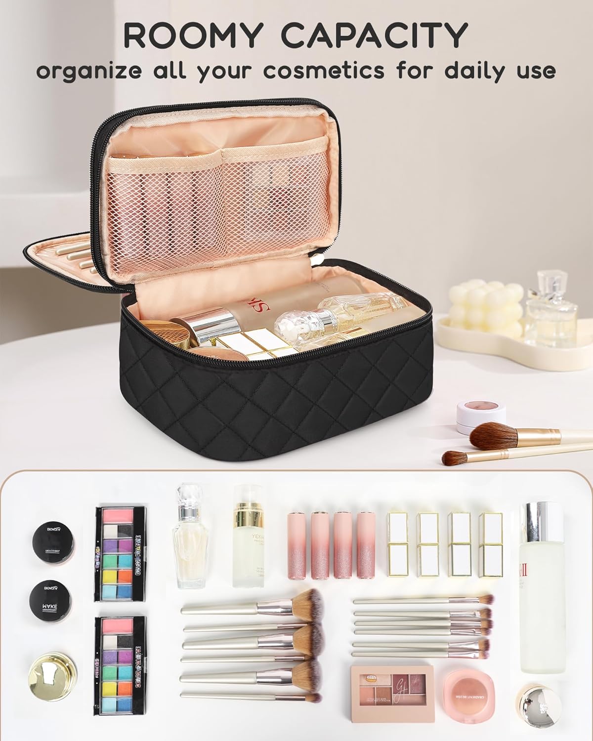 Travel Makeup Bag, Small Floral Cosmetic Bag with Makeup Brush Compartment, Portable Makeup Pouch for Women, Double Layer Makeup Organizer Bag Cute Toiletry Bag