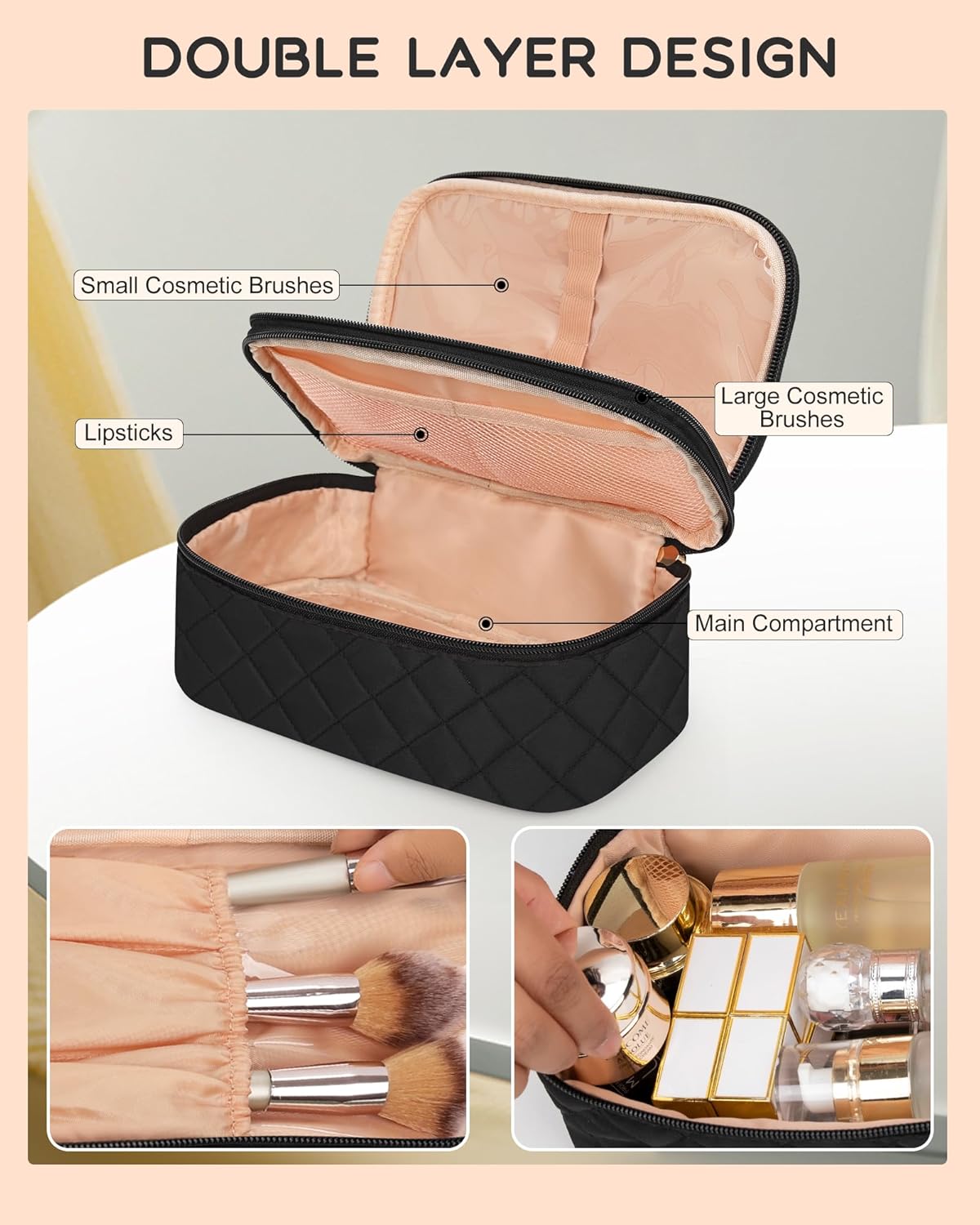 Travel Makeup Bag, Small Floral Cosmetic Bag with Makeup Brush Compartment, Portable Makeup Pouch for Women, Double Layer Makeup Organizer Bag Cute Toiletry Bag