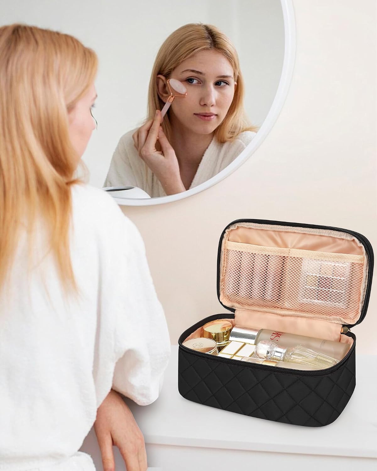 Travel Makeup Bag, Small Floral Cosmetic Bag with Makeup Brush Compartment, Portable Makeup Pouch for Women, Double Layer Makeup Organizer Bag Cute Toiletry Bag
