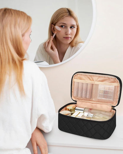 Travel Makeup Bag, Small Floral Cosmetic Bag with Makeup Brush Compartment, Portable Makeup Pouch for Women, Double Layer Makeup Organizer Bag Cute Toiletry Bag
