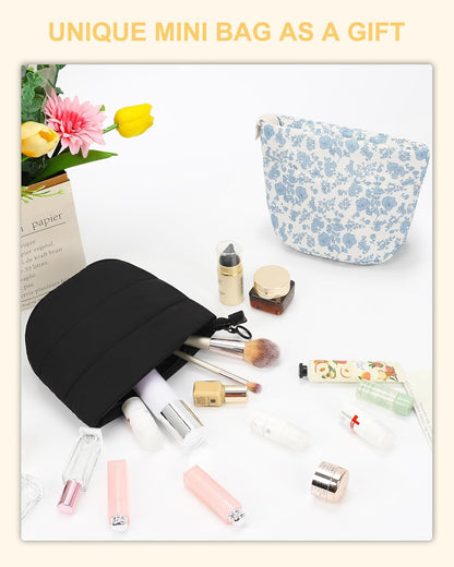 Travel Makeup Bag, Small Floral Cosmetic Bag with Makeup Brush Compartment, Portable Makeup Pouch for Women, Double Layer Makeup Organizer Bag Cute Toiletry Bag