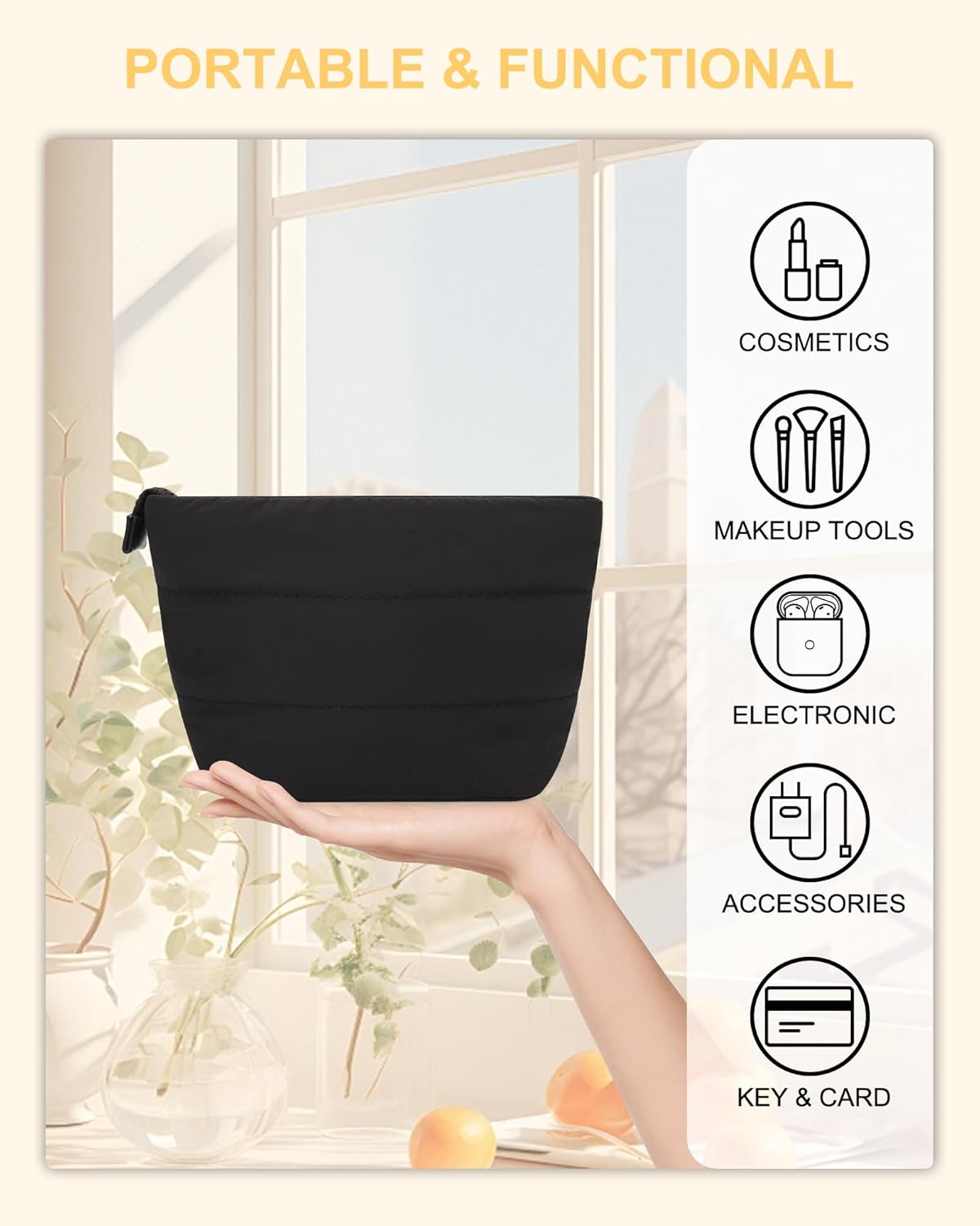 Travel Makeup Bag, Small Floral Cosmetic Bag with Makeup Brush Compartment, Portable Makeup Pouch for Women, Double Layer Makeup Organizer Bag Cute Toiletry Bag