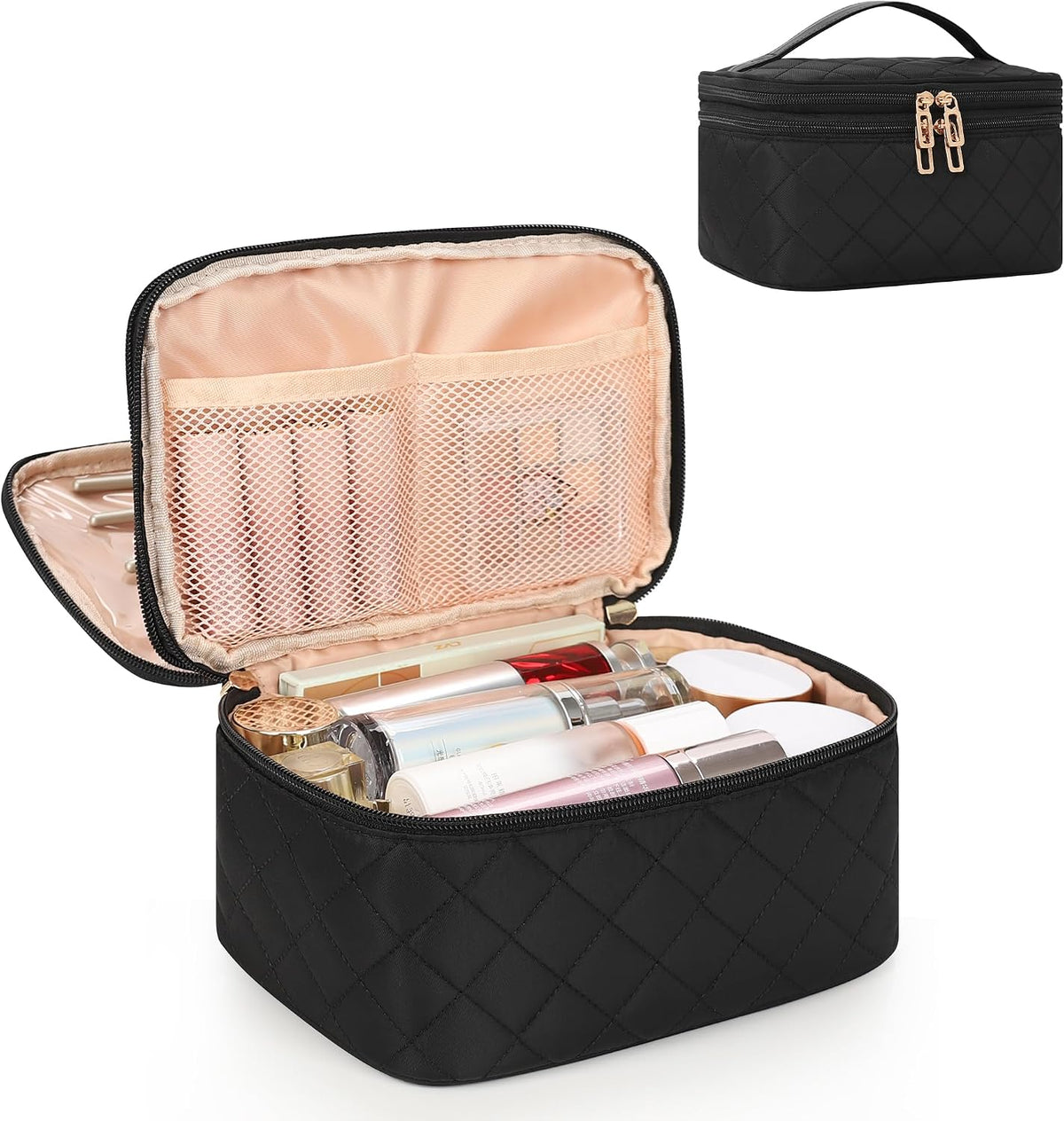 Travel Makeup Bag, Small Floral Cosmetic Bag with Makeup Brush Compartment, Portable Makeup Pouch for Women, Double Layer Makeup Organizer Bag Cute Toiletry Bag