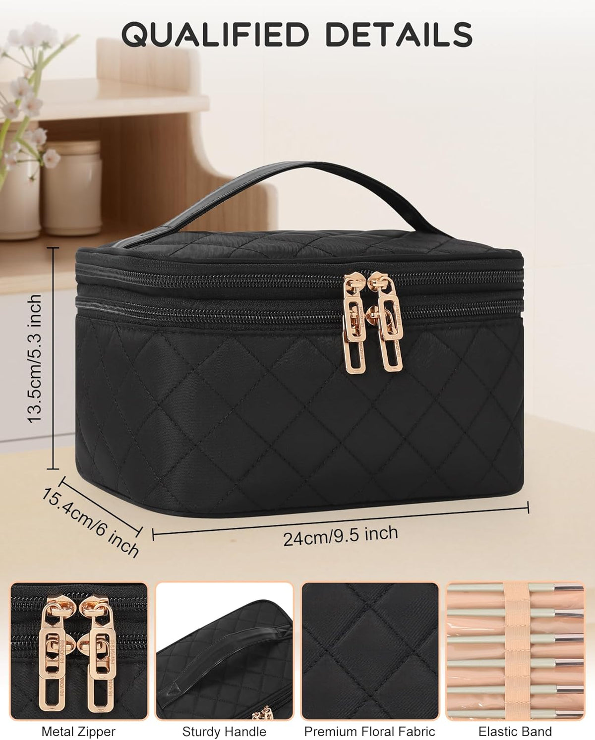 Travel Makeup Bag, Small Floral Cosmetic Bag with Makeup Brush Compartment, Portable Makeup Pouch for Women, Double Layer Makeup Organizer Bag Cute Toiletry Bag