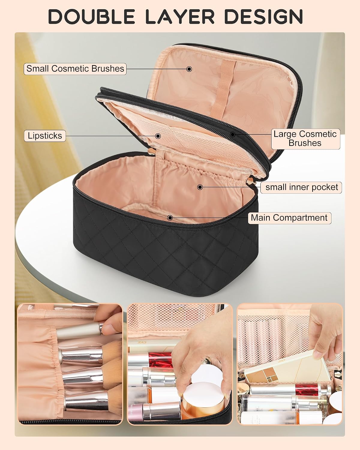 Travel Makeup Bag, Small Floral Cosmetic Bag with Makeup Brush Compartment, Portable Makeup Pouch for Women, Double Layer Makeup Organizer Bag Cute Toiletry Bag