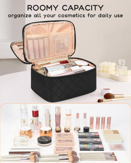 Travel Makeup Bag, Small Floral Cosmetic Bag with Makeup Brush Compartment, Portable Makeup Pouch for Women, Double Layer Makeup Organizer Bag Cute Toiletry Bag
