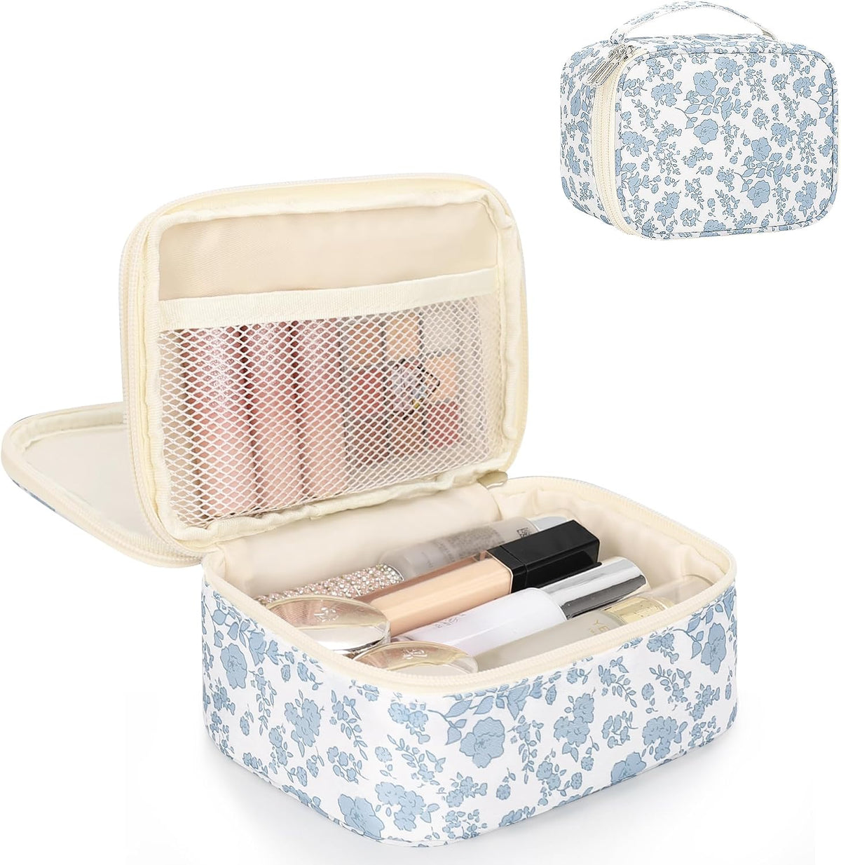 Travel Makeup Bag, Small Floral Cosmetic Bag with Makeup Brush Compartment, Portable Makeup Pouch for Women, Double Layer Makeup Organizer Bag Cute Toiletry Bag