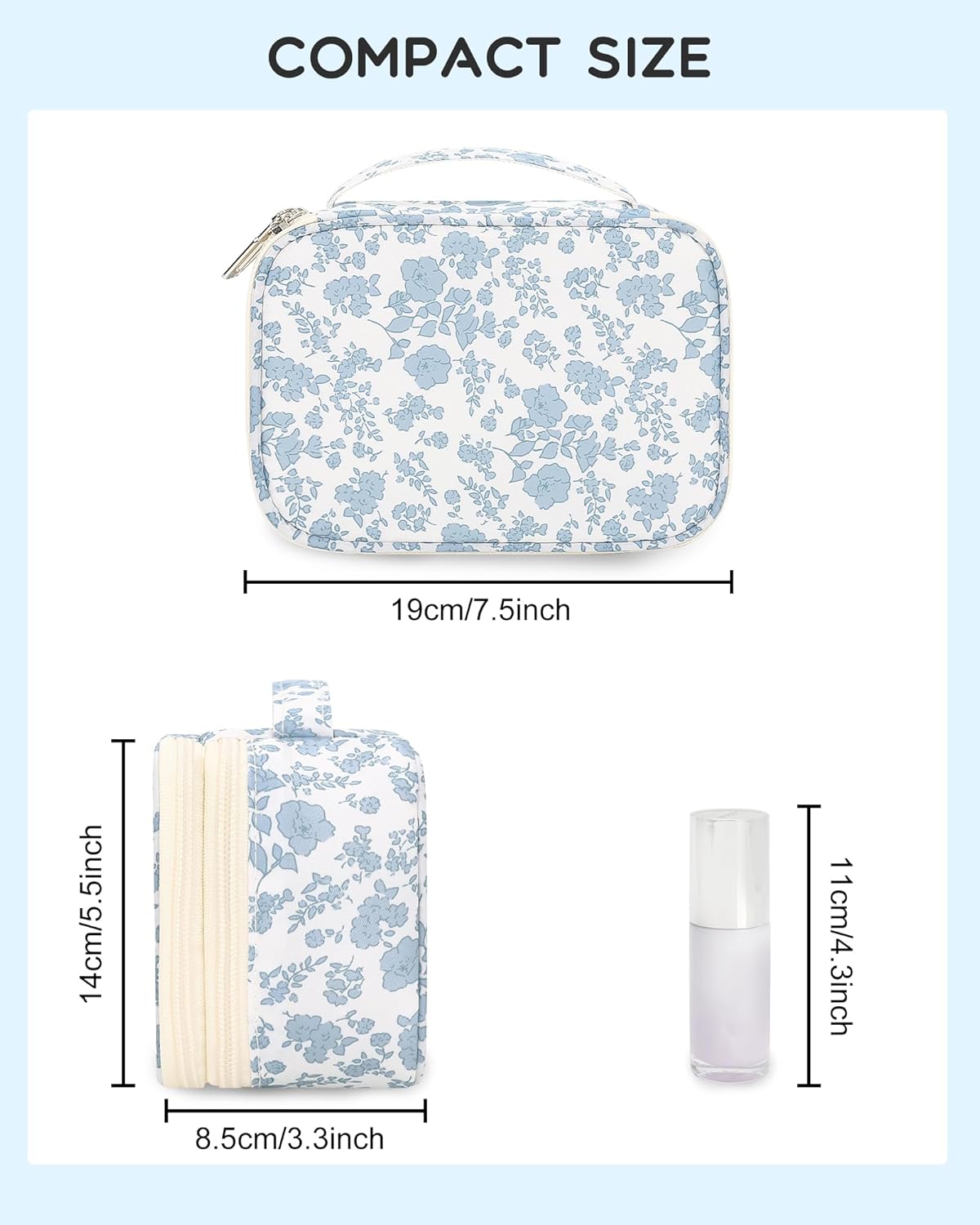 Travel Makeup Bag, Small Floral Cosmetic Bag with Makeup Brush Compartment, Portable Makeup Pouch for Women, Double Layer Makeup Organizer Bag Cute Toiletry Bag