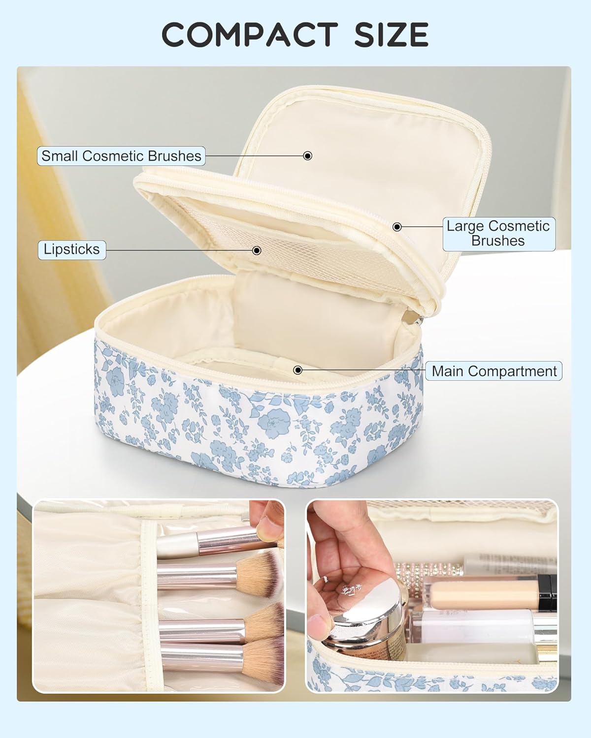 Travel Makeup Bag, Small Floral Cosmetic Bag with Makeup Brush Compartment, Portable Makeup Pouch for Women, Double Layer Makeup Organizer Bag Cute Toiletry Bag