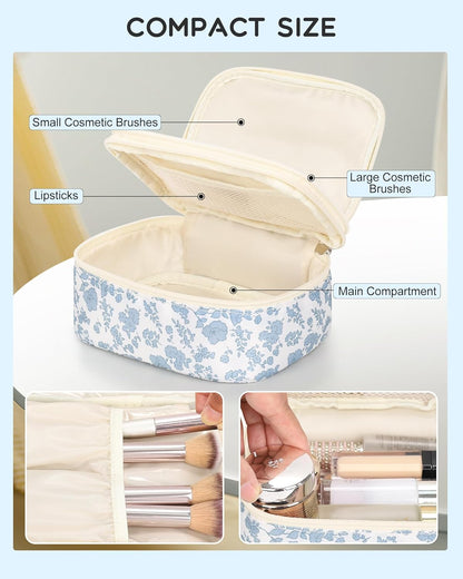 Travel Makeup Bag, Small Floral Cosmetic Bag with Makeup Brush Compartment, Portable Makeup Pouch for Women, Double Layer Makeup Organizer Bag Cute Toiletry Bag