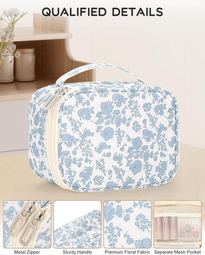 Travel Makeup Bag, Small Floral Cosmetic Bag with Makeup Brush Compartment, Portable Makeup Pouch for Women, Double Layer Makeup Organizer Bag Cute Toiletry Bag