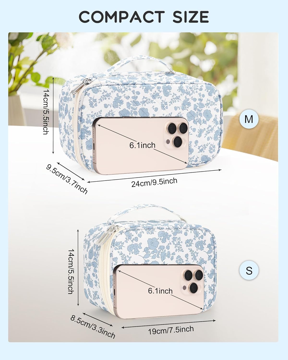 Travel Makeup Bag, Small Floral Cosmetic Bag with Makeup Brush Compartment, Portable Makeup Pouch for Women, Double Layer Makeup Organizer Bag Cute Toiletry Bag