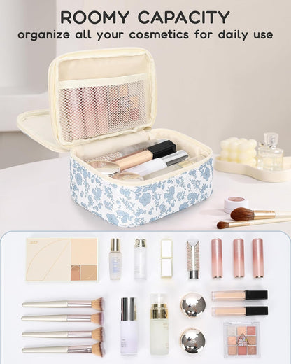 Travel Makeup Bag, Small Floral Cosmetic Bag with Makeup Brush Compartment, Portable Makeup Pouch for Women, Double Layer Makeup Organizer Bag Cute Toiletry Bag