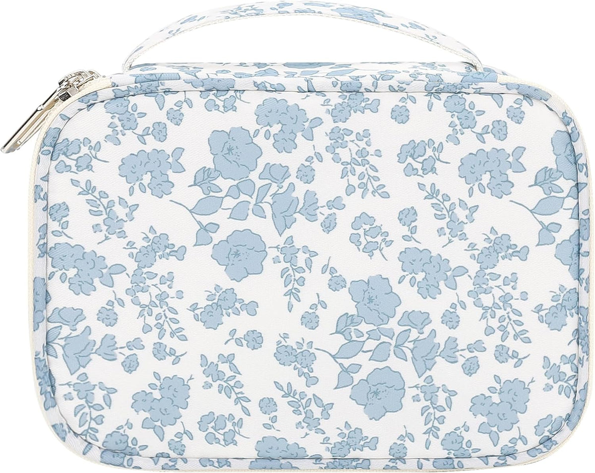 Travel Makeup Bag, Small Floral Cosmetic Bag with Makeup Brush Compartment, Portable Makeup Pouch for Women, Double Layer Makeup Organizer Bag Cute Toiletry Bag