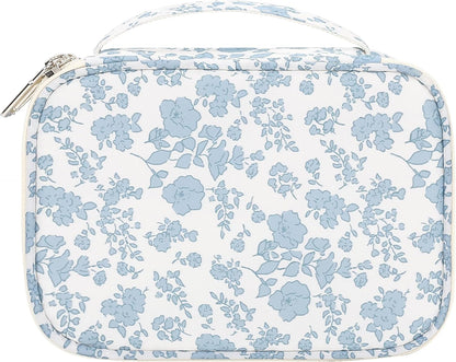 Travel Makeup Bag, Small Floral Cosmetic Bag with Makeup Brush Compartment, Portable Makeup Pouch for Women, Double Layer Makeup Organizer Bag Cute Toiletry Bag