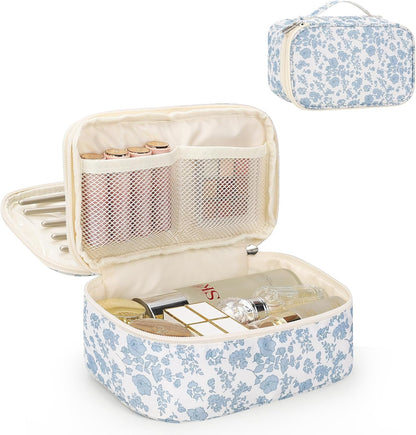 Travel Makeup Bag, Small Floral Cosmetic Bag with Makeup Brush Compartment, Portable Makeup Pouch for Women, Double Layer Makeup Organizer Bag Cute Toiletry Bag