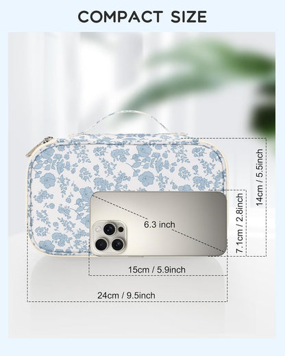 Travel Makeup Bag, Small Floral Cosmetic Bag with Makeup Brush Compartment, Portable Makeup Pouch for Women, Double Layer Makeup Organizer Bag Cute Toiletry Bag