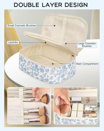 Travel Makeup Bag, Small Floral Cosmetic Bag with Makeup Brush Compartment, Portable Makeup Pouch for Women, Double Layer Makeup Organizer Bag Cute Toiletry Bag