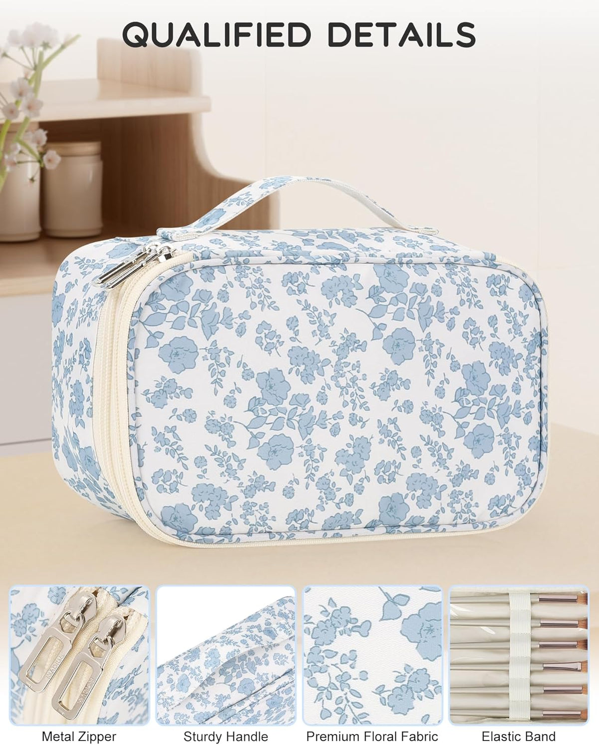 Travel Makeup Bag, Small Floral Cosmetic Bag with Makeup Brush Compartment, Portable Makeup Pouch for Women, Double Layer Makeup Organizer Bag Cute Toiletry Bag
