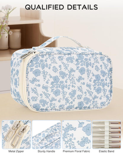 Travel Makeup Bag, Small Floral Cosmetic Bag with Makeup Brush Compartment, Portable Makeup Pouch for Women, Double Layer Makeup Organizer Bag Cute Toiletry Bag