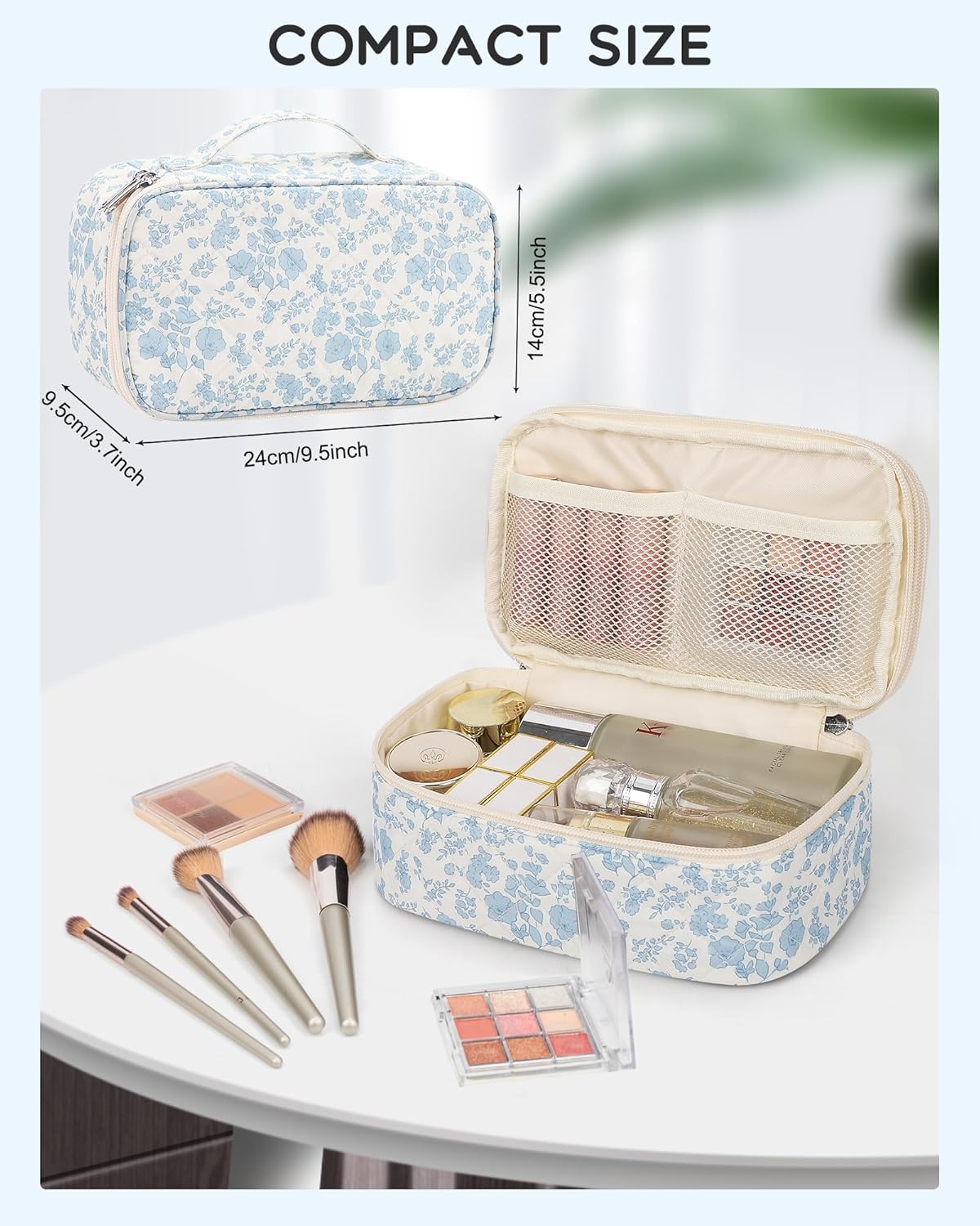 Travel Makeup Bag, Small Floral Cosmetic Bag with Makeup Brush Compartment, Portable Makeup Pouch for Women, Double Layer Makeup Organizer Bag Cute Toiletry Bag
