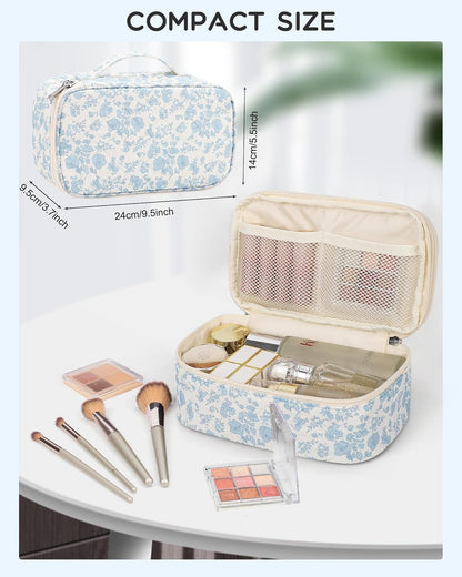 Travel Makeup Bag, Small Floral Cosmetic Bag with Makeup Brush Compartment, Portable Makeup Pouch for Women, Double Layer Makeup Organizer Bag Cute Toiletry Bag