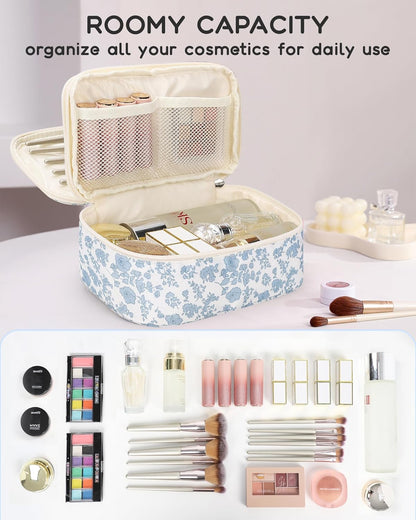 Travel Makeup Bag, Small Floral Cosmetic Bag with Makeup Brush Compartment, Portable Makeup Pouch for Women, Double Layer Makeup Organizer Bag Cute Toiletry Bag