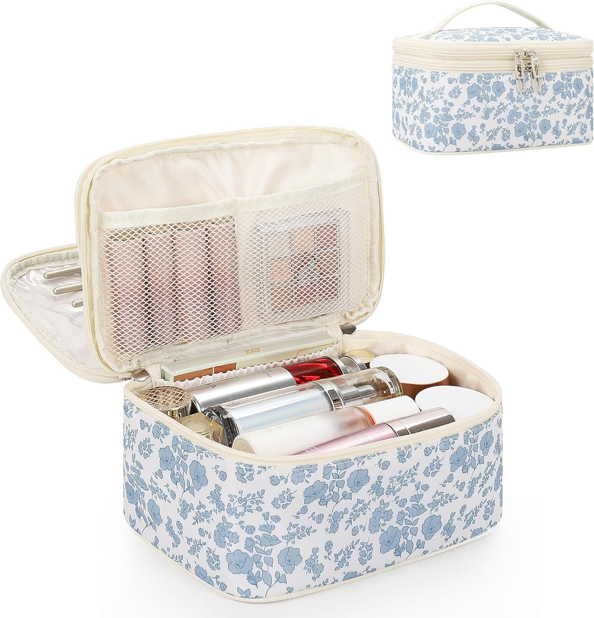 Travel Makeup Bag, Small Floral Cosmetic Bag with Makeup Brush Compartment, Portable Makeup Pouch for Women, Double Layer Makeup Organizer Bag Cute Toiletry Bag