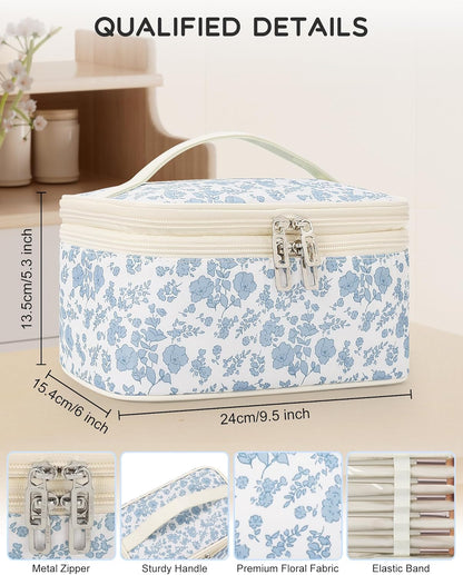 Travel Makeup Bag, Small Floral Cosmetic Bag with Makeup Brush Compartment, Portable Makeup Pouch for Women, Double Layer Makeup Organizer Bag Cute Toiletry Bag