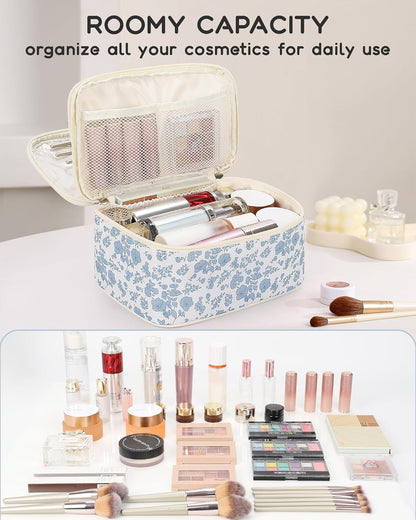 Travel Makeup Bag, Small Floral Cosmetic Bag with Makeup Brush Compartment, Portable Makeup Pouch for Women, Double Layer Makeup Organizer Bag Cute Toiletry Bag