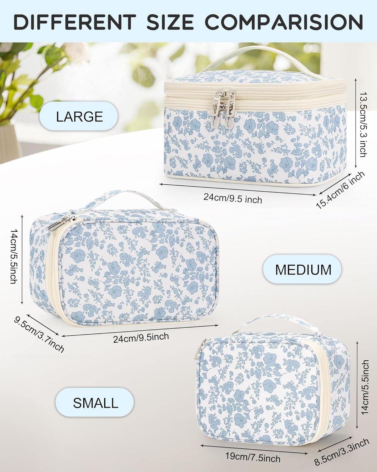 Travel Makeup Bag, Small Floral Cosmetic Bag with Makeup Brush Compartment, Portable Makeup Pouch for Women, Double Layer Makeup Organizer Bag Cute Toiletry Bag