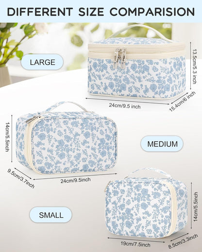 Travel Makeup Bag, Small Floral Cosmetic Bag with Makeup Brush Compartment, Portable Makeup Pouch for Women, Double Layer Makeup Organizer Bag Cute Toiletry Bag