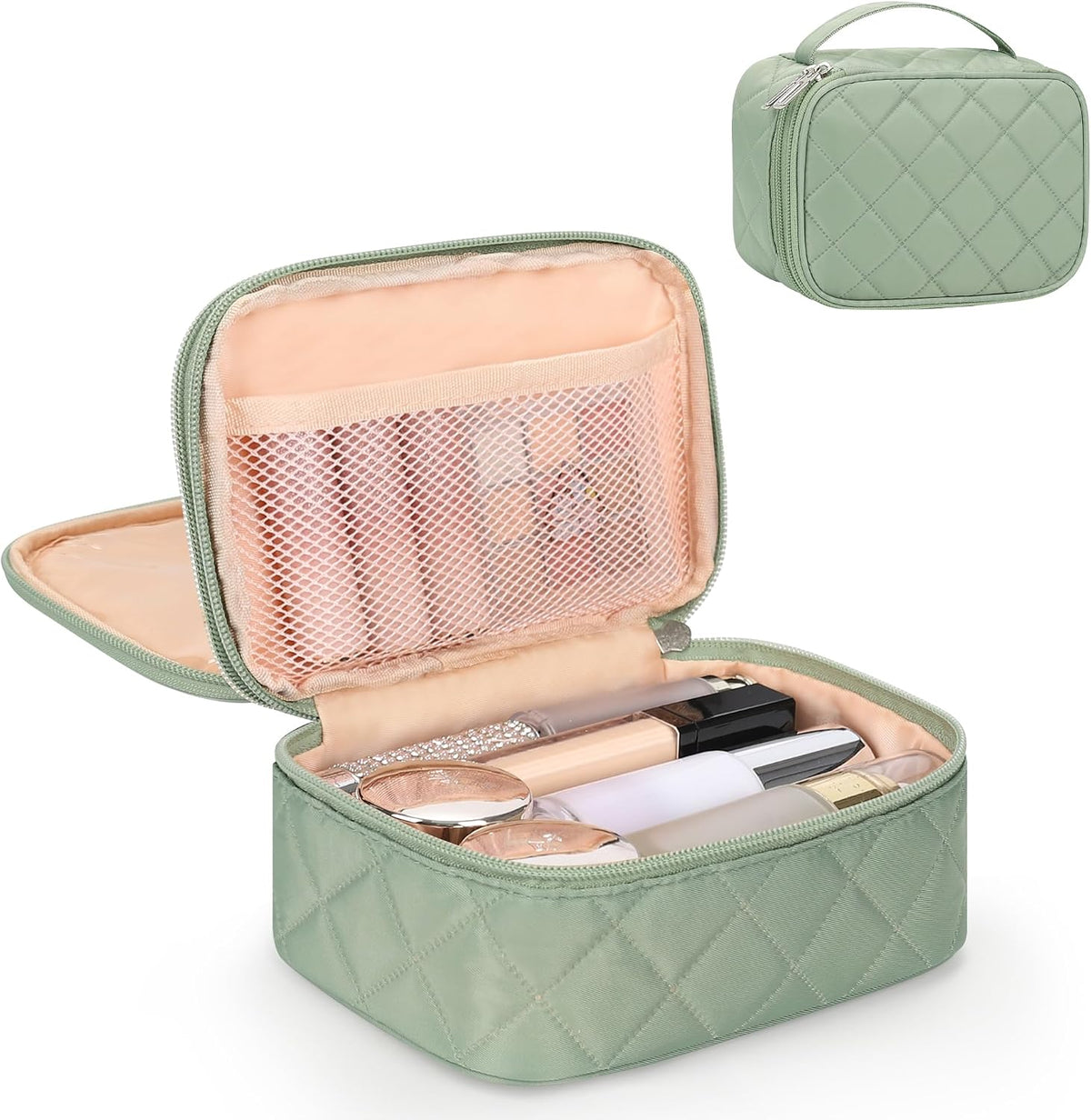 Travel Makeup Bag, Small Floral Cosmetic Bag with Makeup Brush Compartment, Portable Makeup Pouch for Women, Double Layer Makeup Organizer Bag Cute Toiletry Bag