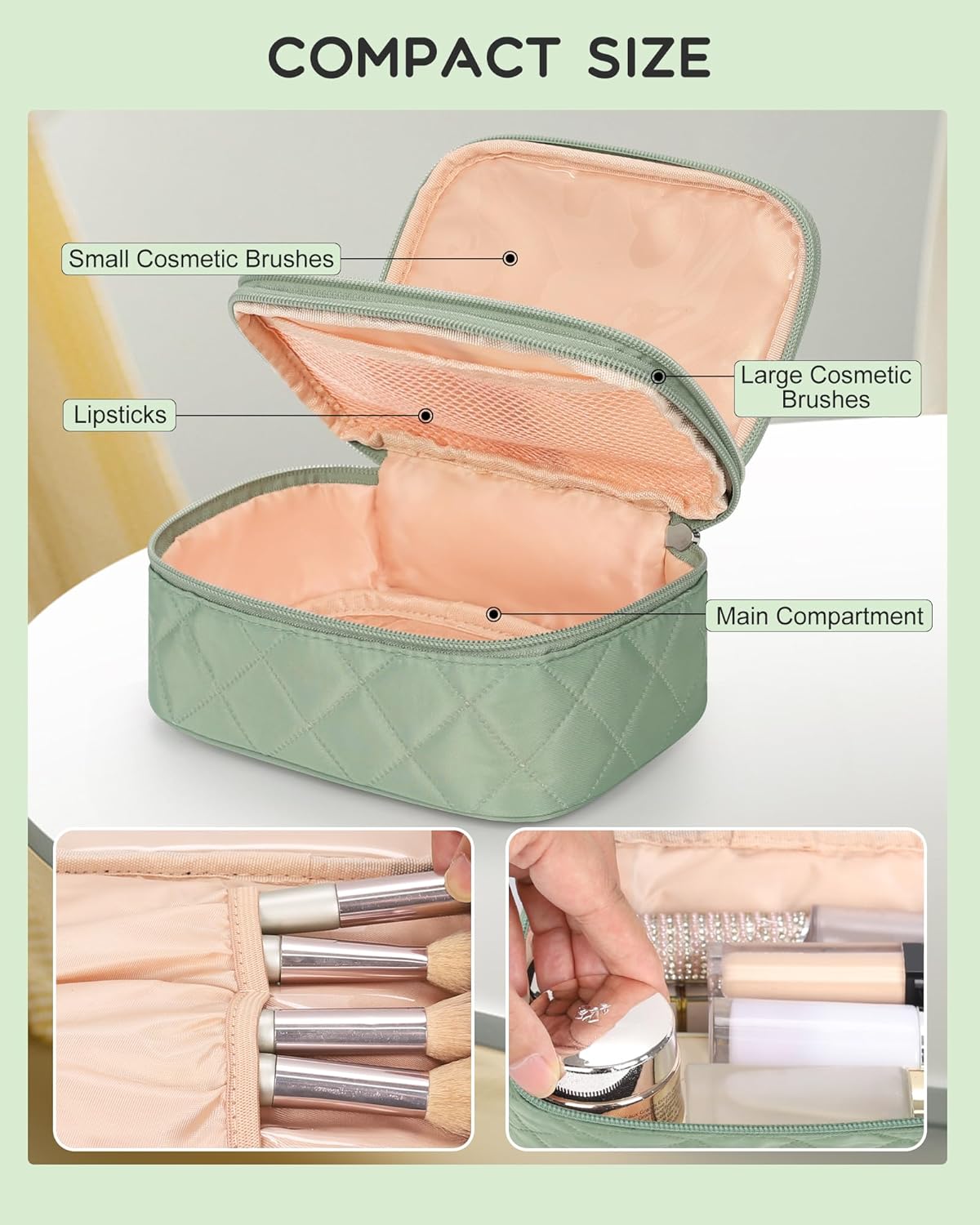 Travel Makeup Bag, Small Floral Cosmetic Bag with Makeup Brush Compartment, Portable Makeup Pouch for Women, Double Layer Makeup Organizer Bag Cute Toiletry Bag