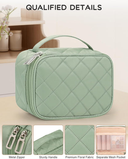 Travel Makeup Bag, Small Floral Cosmetic Bag with Makeup Brush Compartment, Portable Makeup Pouch for Women, Double Layer Makeup Organizer Bag Cute Toiletry Bag