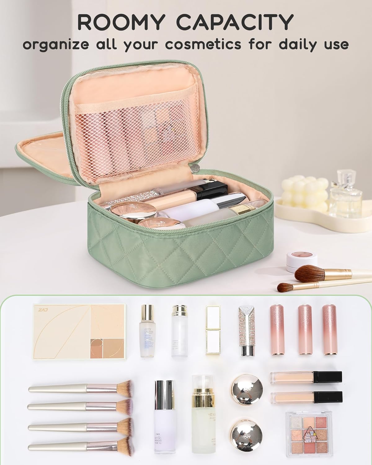 Travel Makeup Bag, Small Floral Cosmetic Bag with Makeup Brush Compartment, Portable Makeup Pouch for Women, Double Layer Makeup Organizer Bag Cute Toiletry Bag