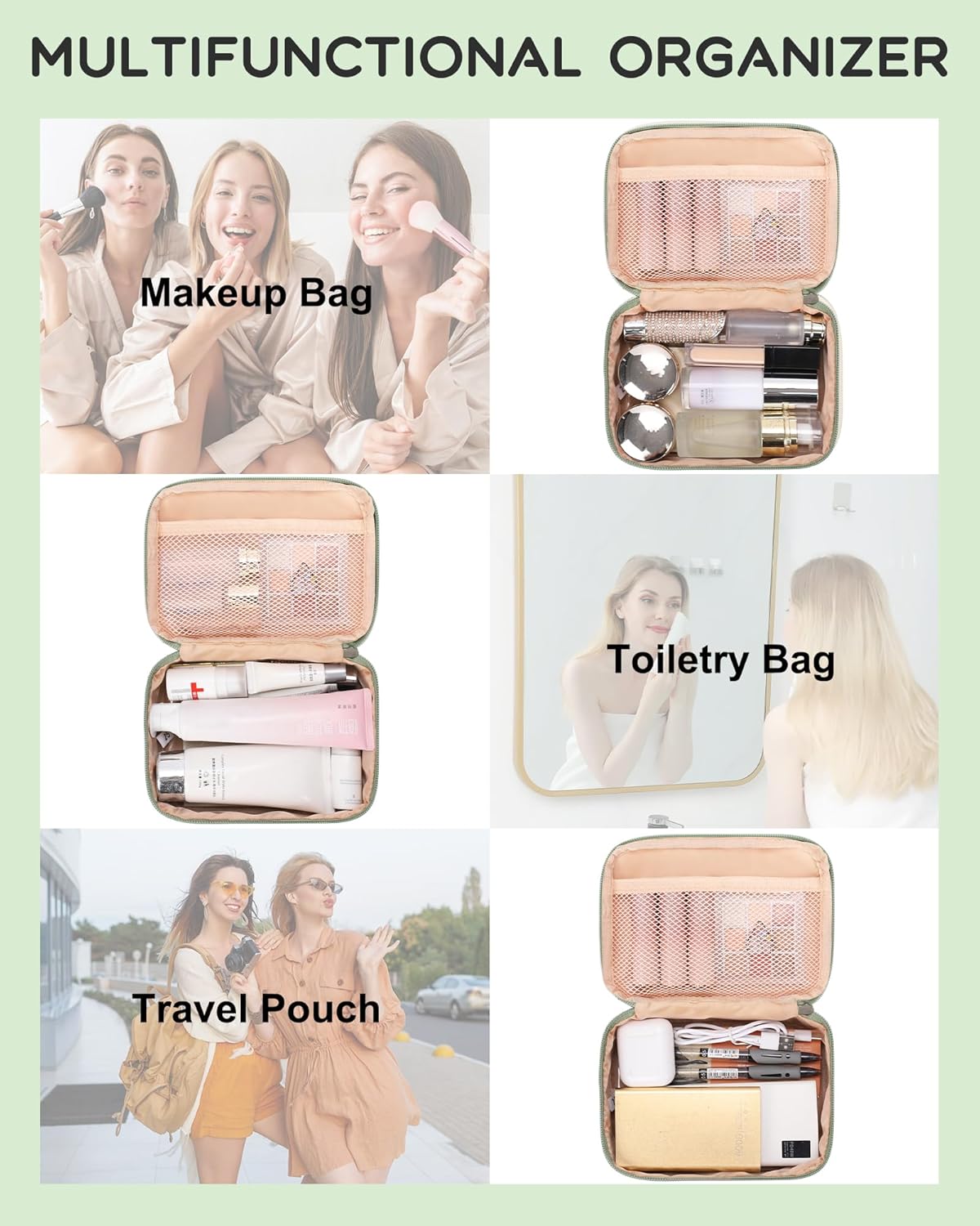 Travel Makeup Bag, Small Floral Cosmetic Bag with Makeup Brush Compartment, Portable Makeup Pouch for Women, Double Layer Makeup Organizer Bag Cute Toiletry Bag