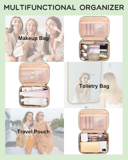 Travel Makeup Bag, Small Floral Cosmetic Bag with Makeup Brush Compartment, Portable Makeup Pouch for Women, Double Layer Makeup Organizer Bag Cute Toiletry Bag