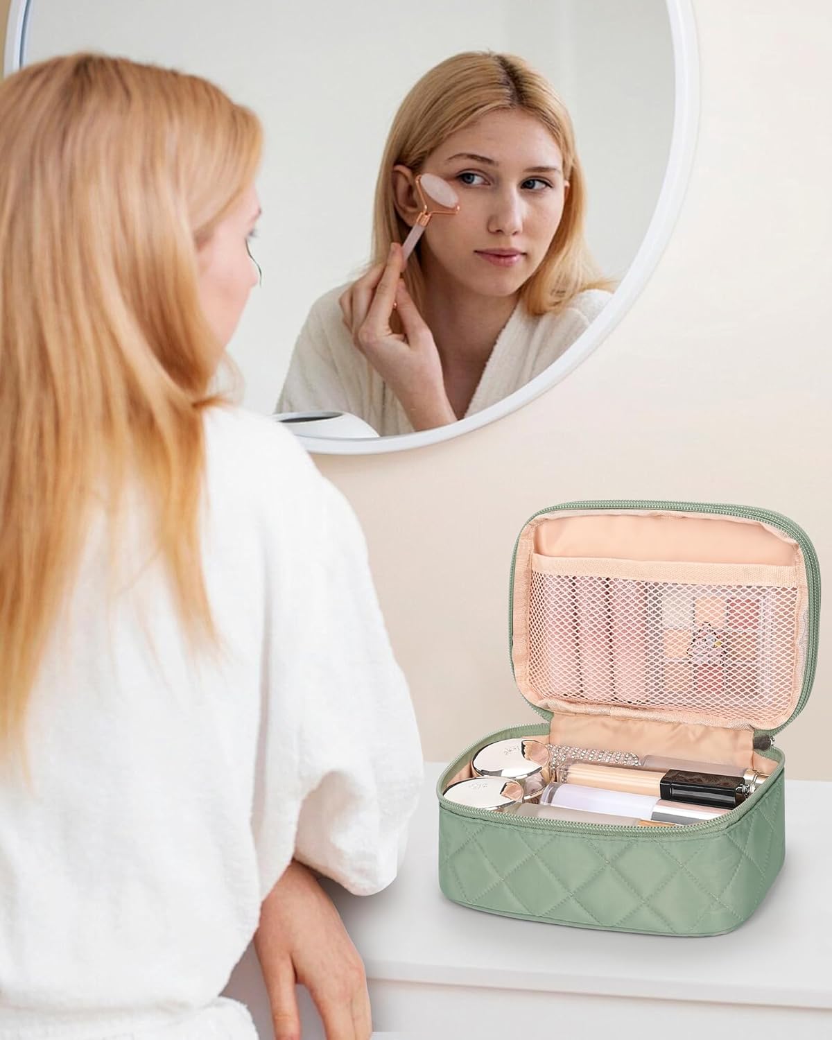 Travel Makeup Bag, Small Floral Cosmetic Bag with Makeup Brush Compartment, Portable Makeup Pouch for Women, Double Layer Makeup Organizer Bag Cute Toiletry Bag