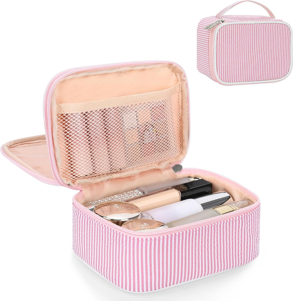 Travel Makeup Bag, Small Floral Cosmetic Bag with Makeup Brush Compartment, Portable Makeup Pouch for Women, Double Layer Makeup Organizer Bag Cute Toiletry Bag