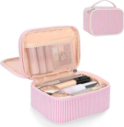 Travel Makeup Bag, Small Floral Cosmetic Bag with Makeup Brush Compartment, Portable Makeup Pouch for Women, Double Layer Makeup Organizer Bag Cute Toiletry Bag