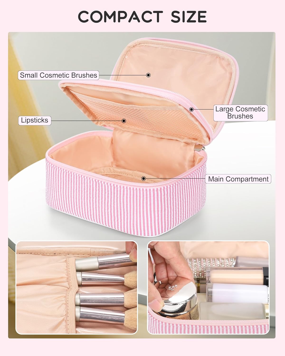 Travel Makeup Bag, Small Floral Cosmetic Bag with Makeup Brush Compartment, Portable Makeup Pouch for Women, Double Layer Makeup Organizer Bag Cute Toiletry Bag