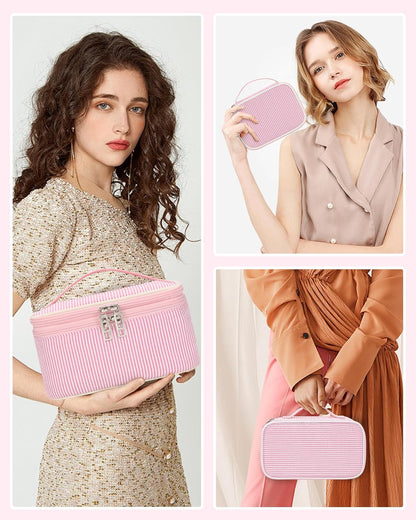 Travel Makeup Bag, Small Floral Cosmetic Bag with Makeup Brush Compartment, Portable Makeup Pouch for Women, Double Layer Makeup Organizer Bag Cute Toiletry Bag