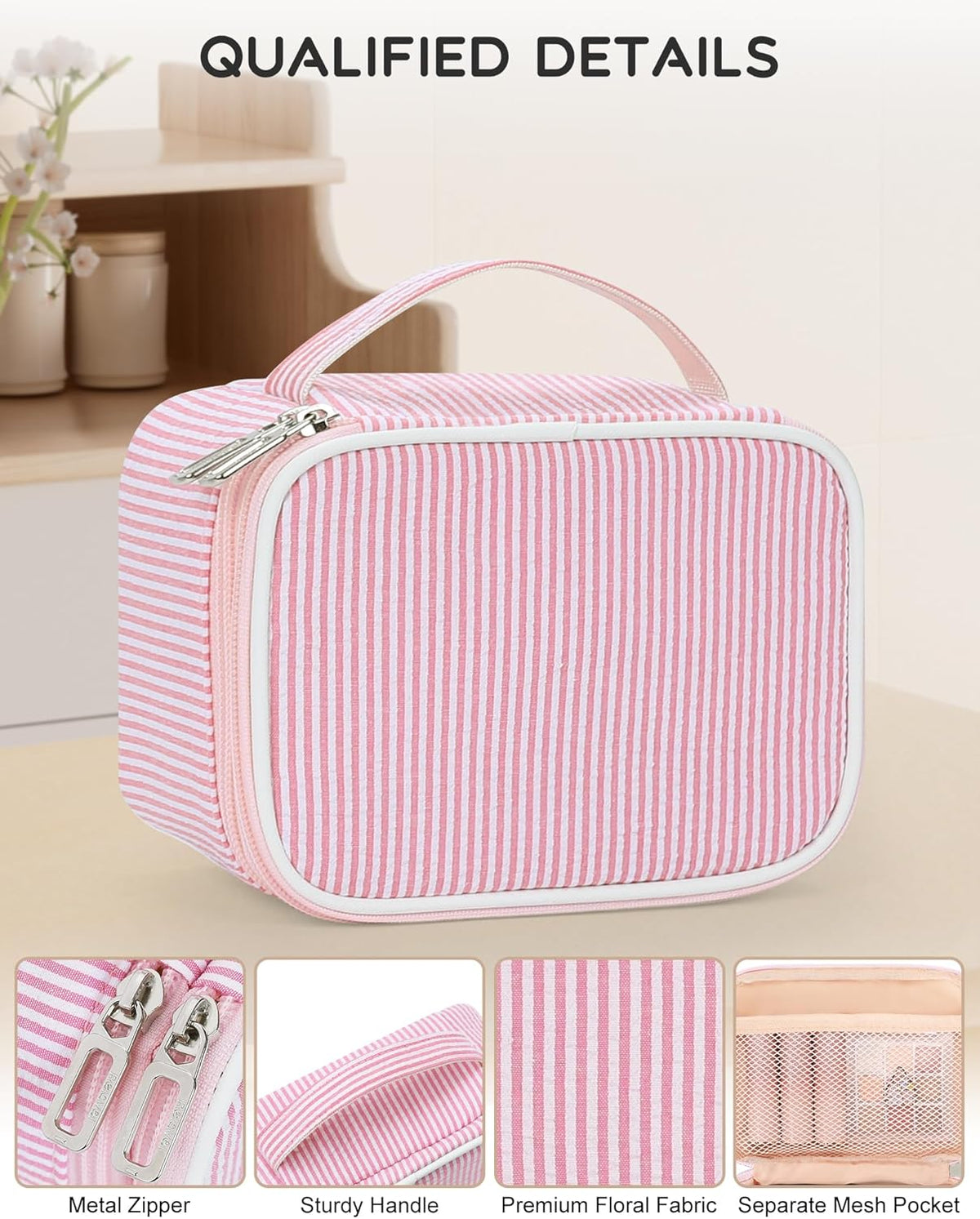 Travel Makeup Bag, Small Floral Cosmetic Bag with Makeup Brush Compartment, Portable Makeup Pouch for Women, Double Layer Makeup Organizer Bag Cute Toiletry Bag