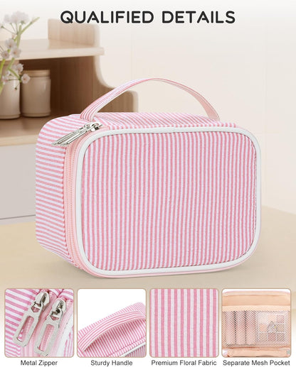 Travel Makeup Bag, Small Floral Cosmetic Bag with Makeup Brush Compartment, Portable Makeup Pouch for Women, Double Layer Makeup Organizer Bag Cute Toiletry Bag