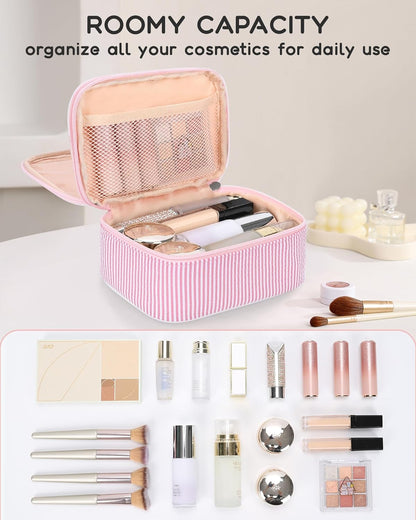 Travel Makeup Bag, Small Floral Cosmetic Bag with Makeup Brush Compartment, Portable Makeup Pouch for Women, Double Layer Makeup Organizer Bag Cute Toiletry Bag