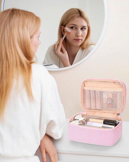 Travel Makeup Bag, Small Floral Cosmetic Bag with Makeup Brush Compartment, Portable Makeup Pouch for Women, Double Layer Makeup Organizer Bag Cute Toiletry Bag