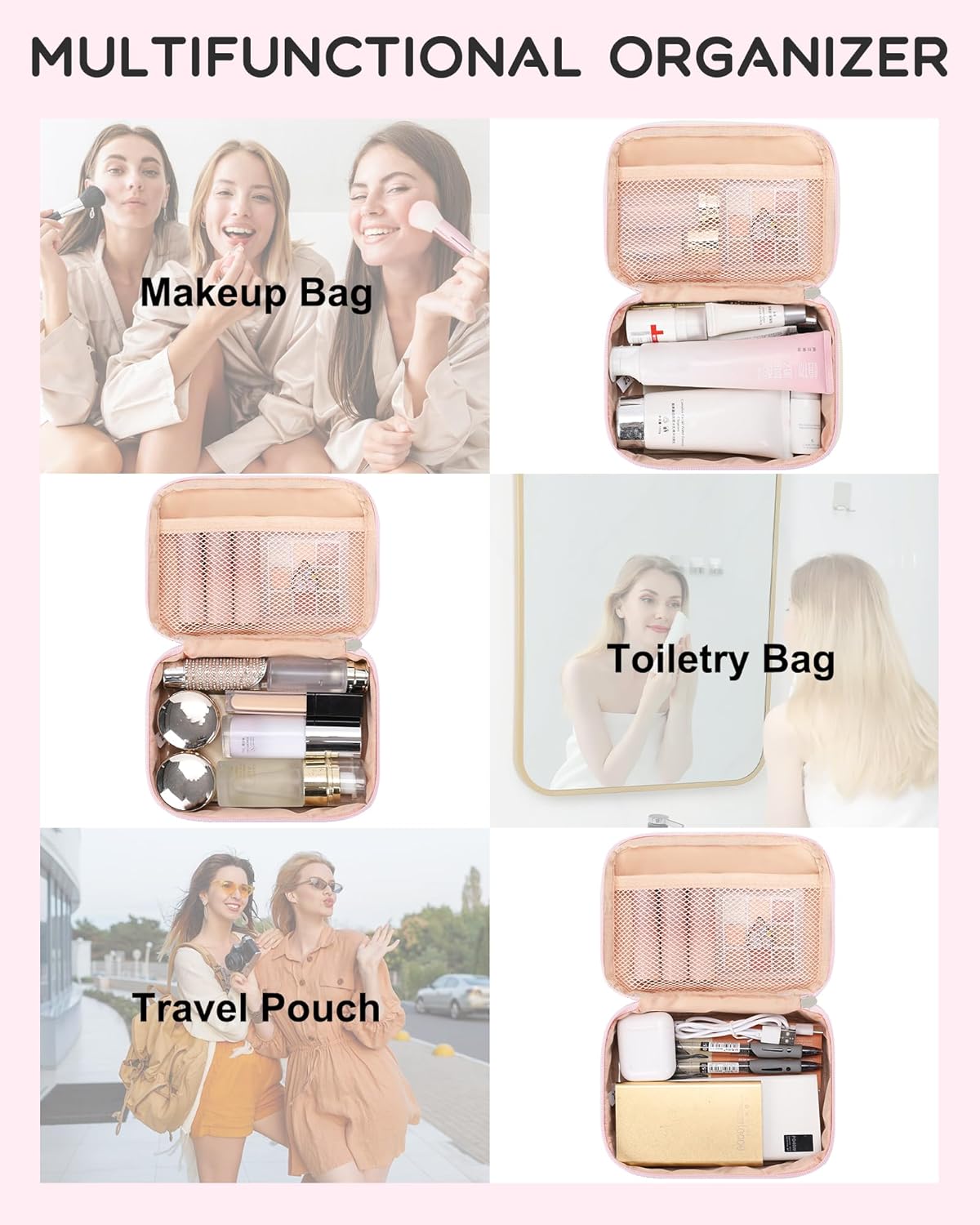 Travel Makeup Bag, Small Floral Cosmetic Bag with Makeup Brush Compartment, Portable Makeup Pouch for Women, Double Layer Makeup Organizer Bag Cute Toiletry Bag