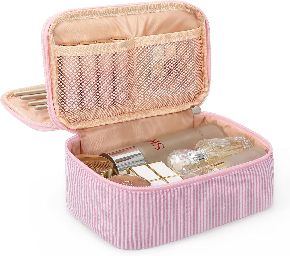 Travel Makeup Bag, Small Floral Cosmetic Bag with Makeup Brush Compartment, Portable Makeup Pouch for Women, Double Layer Makeup Organizer Bag Cute Toiletry Bag