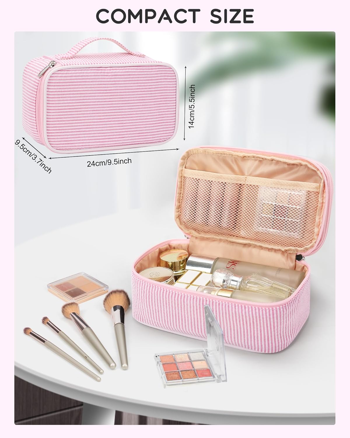 Travel Makeup Bag, Small Floral Cosmetic Bag with Makeup Brush Compartment, Portable Makeup Pouch for Women, Double Layer Makeup Organizer Bag Cute Toiletry Bag